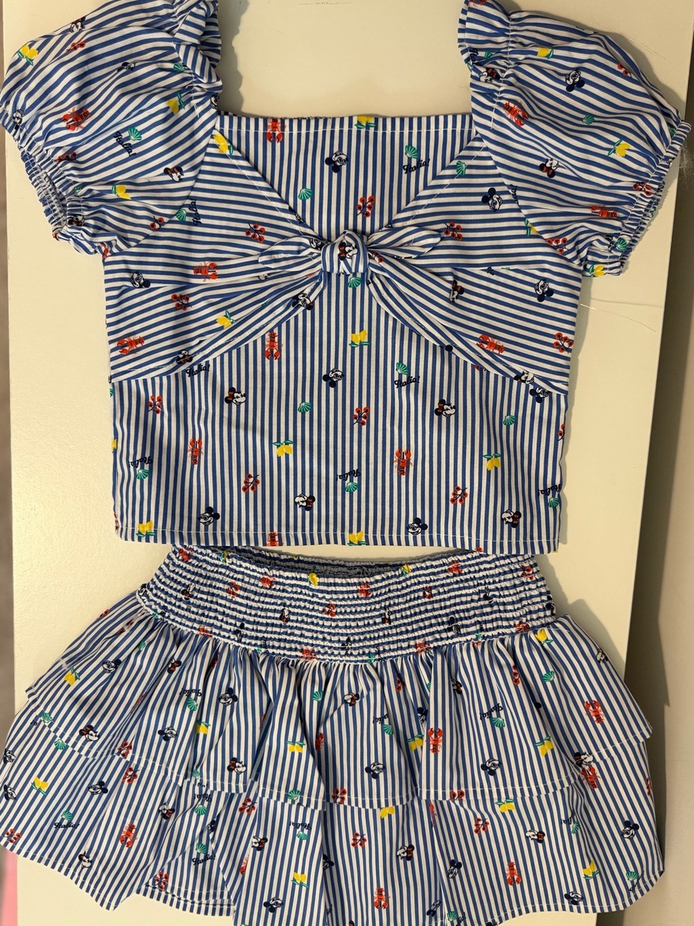 2 piece Disney Blue White Striped Smocked Puff Sleeve Peplum Top and skirt